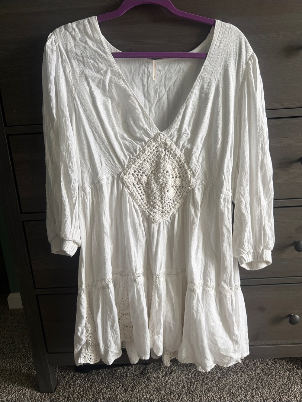 Free People White Boho V-Neck Crochet Tunic